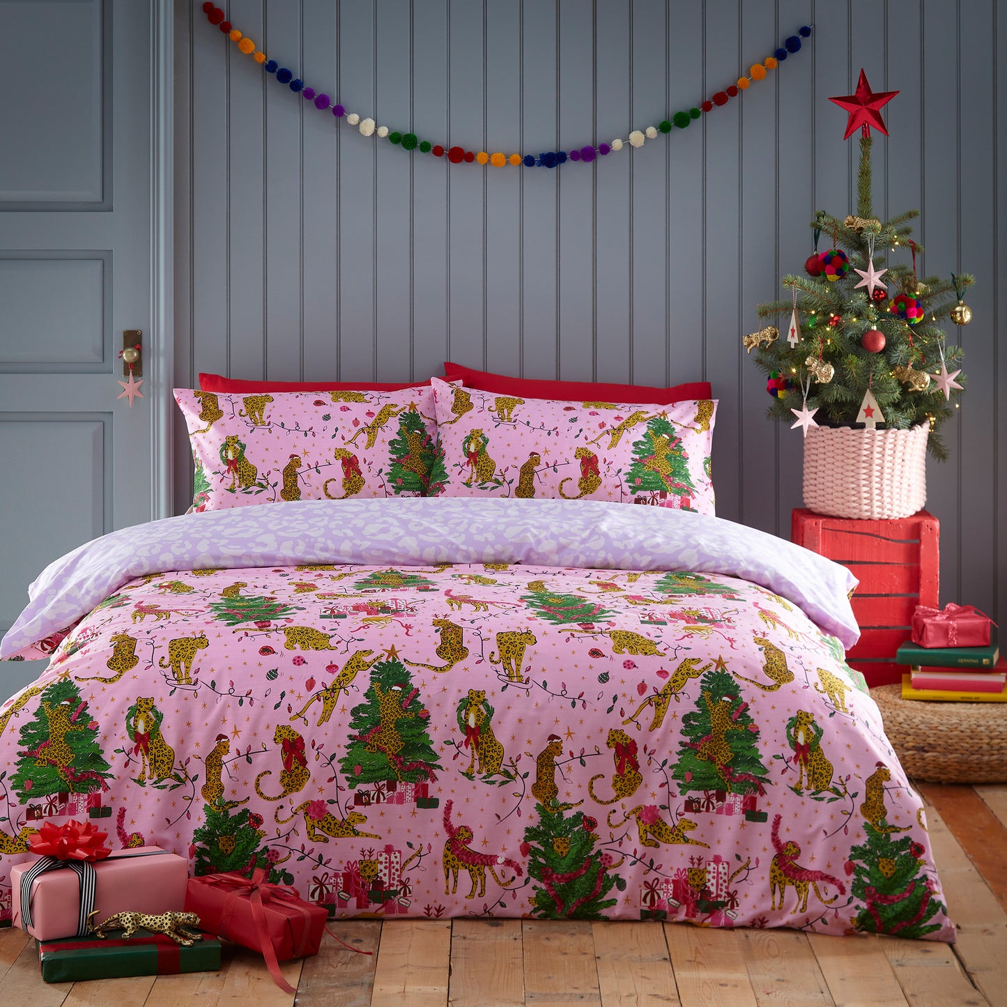 Purrfect Christmas Double Duvet Set Pink/lilac