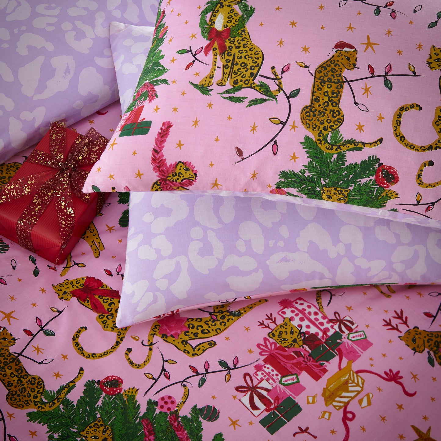 Purrfect Christmas Double Duvet Set Pink/lilac