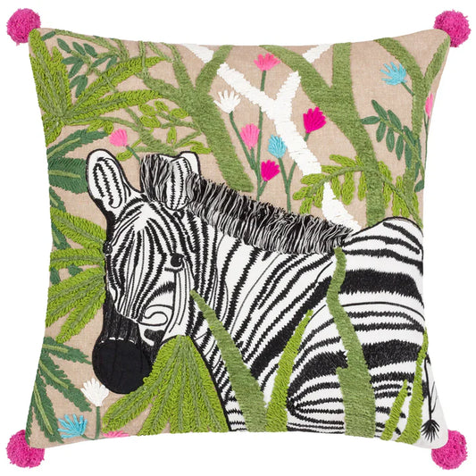 Zebra Embroidered Cushion Fern