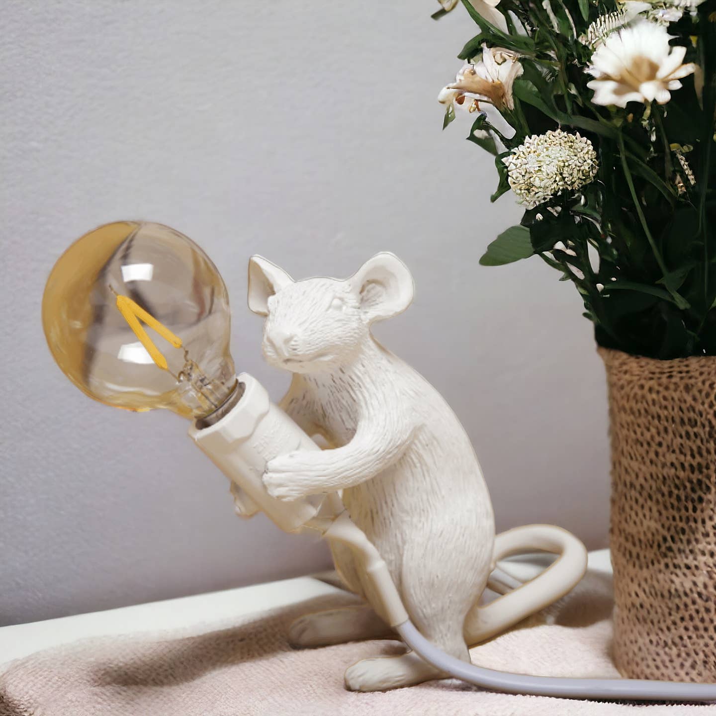 Whimsical Resin White Mouse Lamp