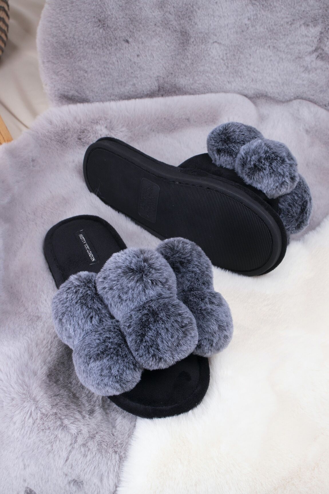 Dolly Pom Pom Slippers in Black