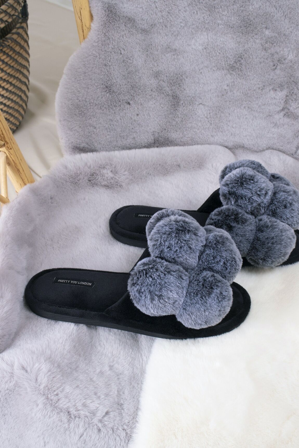 Dolly Pom Pom Slippers in Black