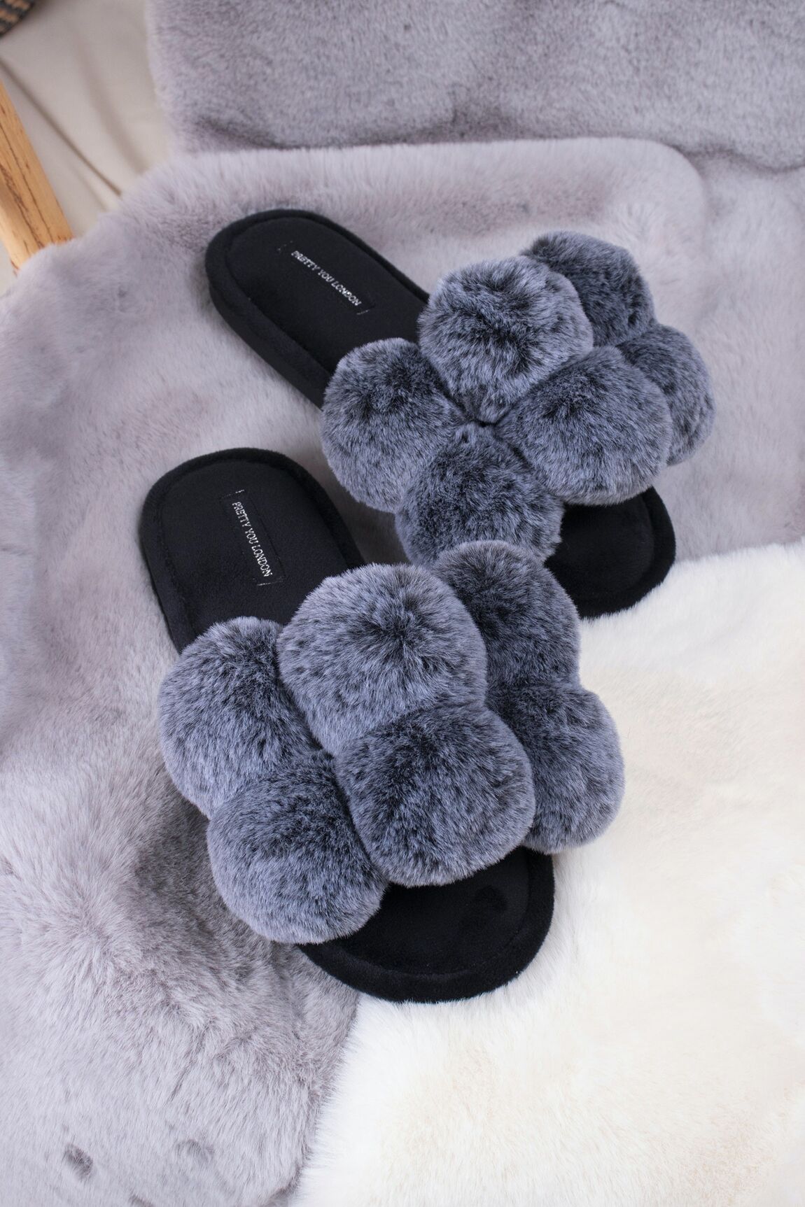 Dolly Pom Pom Slippers in Black