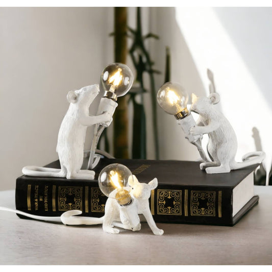 Whimsical Resin White Mouse Lamp