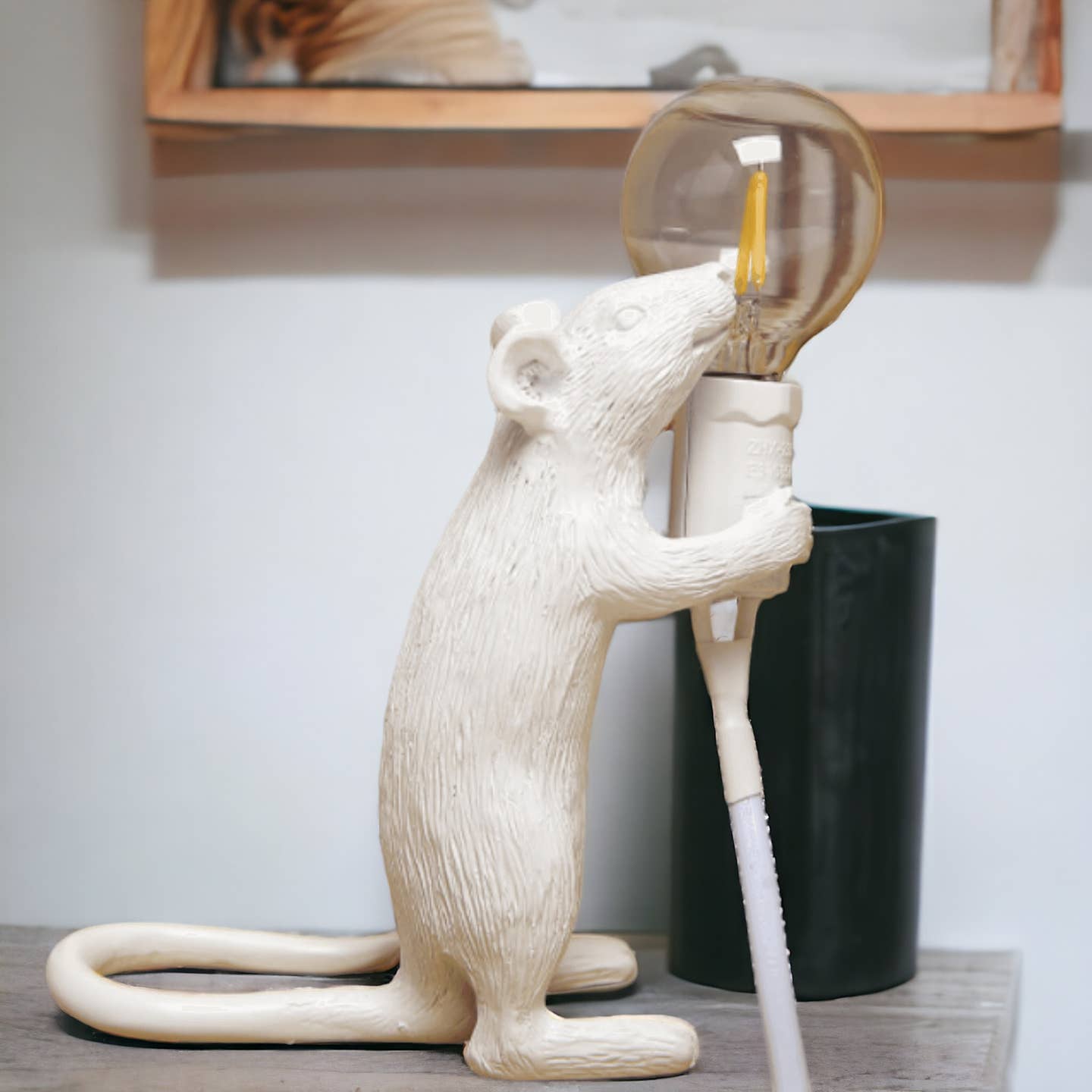 Whimsical Resin White Mouse Lamp